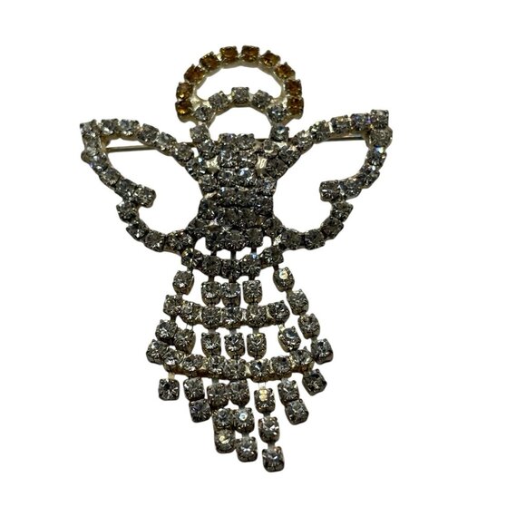 VTG Angel Brooch Pin Cherub w/ Halo Dangling Crystal Clear Rhinestones No Lead - Picture 3 of 14